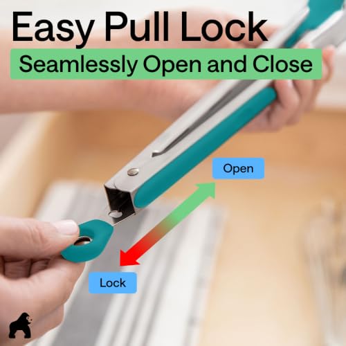 Gorilla Grip 2-Pack Stainless Steel Kitchen Tongs with Silicone Tips - Turquoise, 7 & 9 Inches
