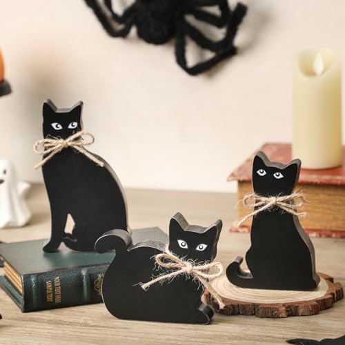 3-Piece Black Cat Wooden Halloween Decor Set - Rustic Tabletop Sign