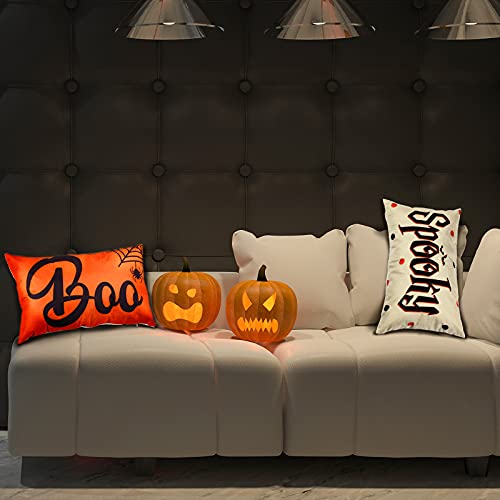 Halloween Pillow Covers Set - Spooky Boo Letter & Web Design, Linen Sofa Cushions, 20x12 Inches
