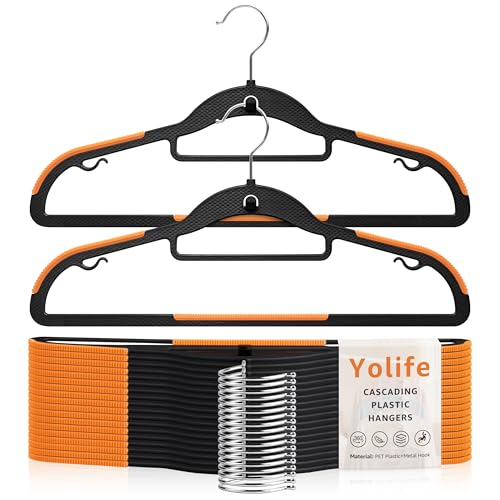 Yolife Vertical Cascading Clothes Hangers - 10 Pack, Non-Slip, Slim Space-Saving Design, 360° Swivel Hook, Black & Orange