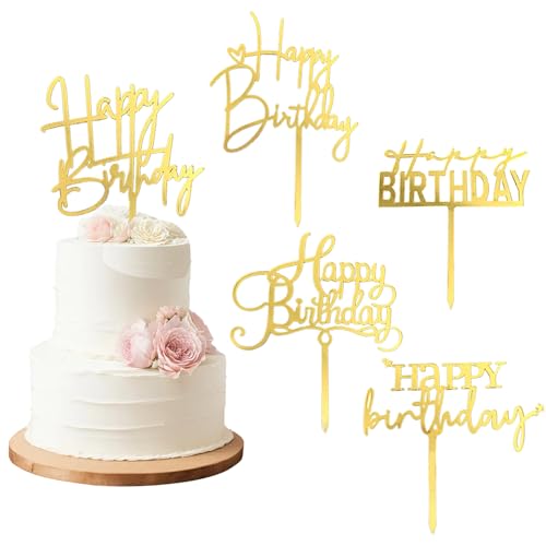 Gold Happy Birthday Cake Toppers 5-Pack - Reusable Acrylic Decorations