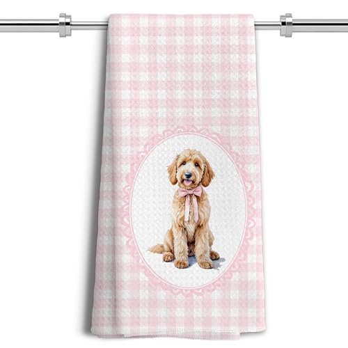 LUKIPOM Pink Doodle Coquette Bow Goldendoodle Dog Kitchen Hand Towels - 16x24 Inches