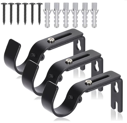 Adjustable Curtain Rod Brackets for 1 Inch Rod - Black Iron, 3 Pack