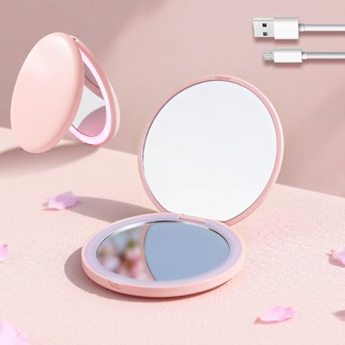 LED Rechargeable Compact Vanity Mirror - 1X/5X Magnification, Pink