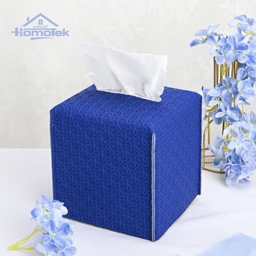 HOMOTEK Rattan Weave Blue Square PU Leather Tissue Box Cover 5x5x5 Inches