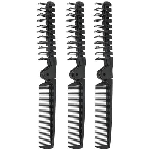 Qjaiune 3PCS Travel Foldable Hair Brush and Double Headed Comb, Black