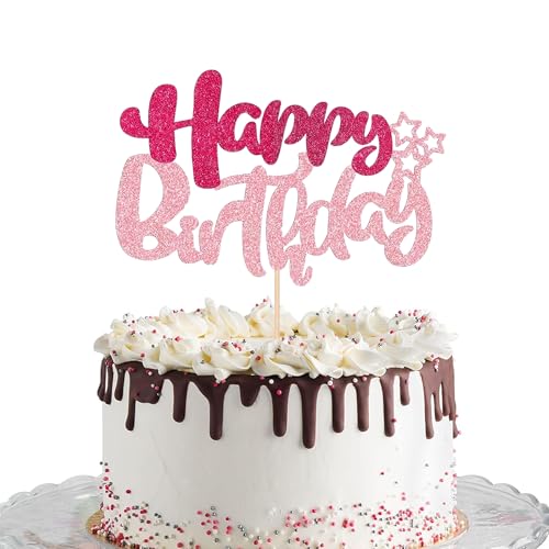 Pink Glitter Happy Birthday Cake Topper for Girls - 5.6x3.5in