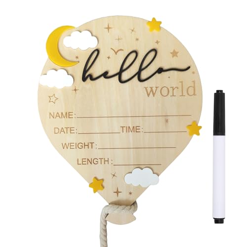 Wooden Baby Announcement Sign - Hot Air Balloon Design, 5.9 Inch