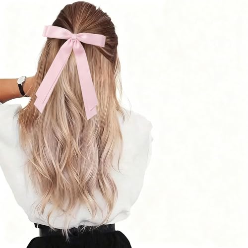 Dladhict 2 Pcs Pink Satin Hair Bow Clips, Large Double Ribbon Hair Accessories