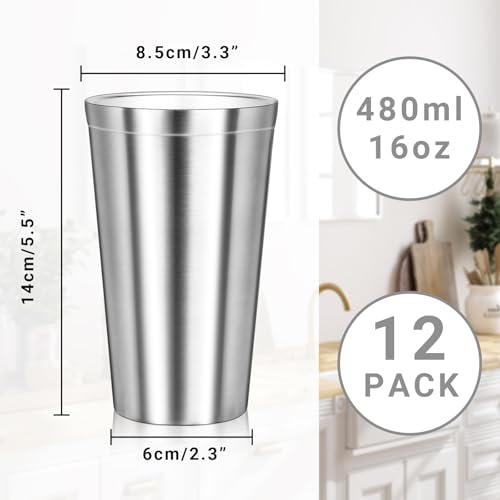 Offiper Stainless Steel Cups, 16 oz Insulated Tumbler, 12 Pack Double Wall Unbreakable Stackable Water Tumblers Insulated Metal Cup Premium Drinking Glasses for Travel Camping Home Outdoor