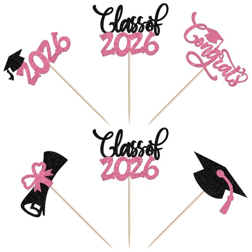 30 PCS Pink Glitter 2026 Graduation Cupcake Toppers Diploma Cap Picks