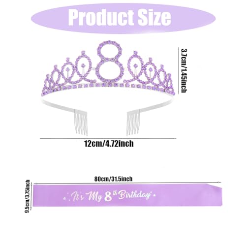 8th Birthday Crown and Sash Set - Purple Rhinestone Tiara for Girls