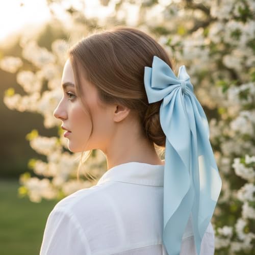 Light Blue Satin Hair Bow Barrette with Long Tails