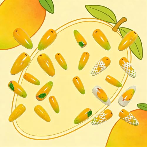 Almond Press on Nails Medium Yellow Glossy Tropical Fruit False Nails 24Pcs