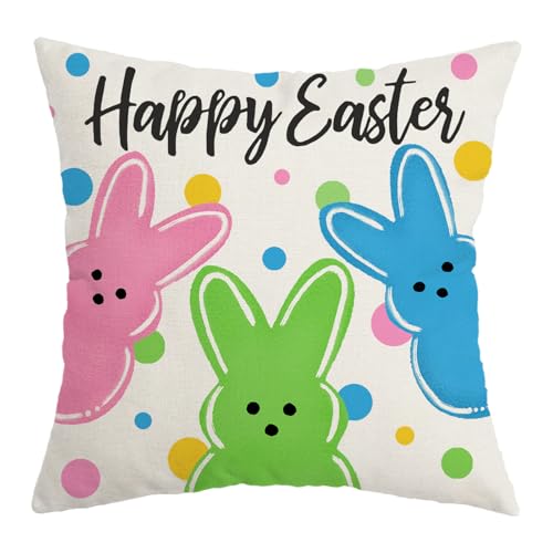 AACORS Easter Pillow Cover 18x18 - Colorful Bunnies & Polka Dots
