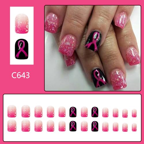 Breast Cancer Press on Nails Short Square Pink Ribbon False Nails
