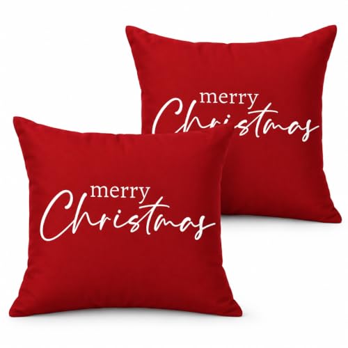 Christmas Pillow Covers 2 Pack - Red Merry Christmas Throw Pillow Cases for Holiday Decor