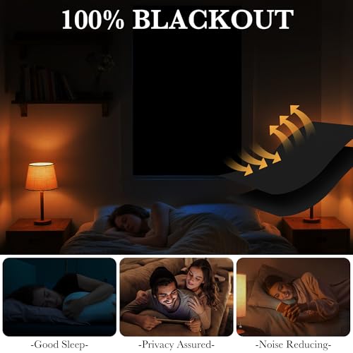 RYB HOME 100% Blackout Curtains 35"W x 48"L - No Drill, Black