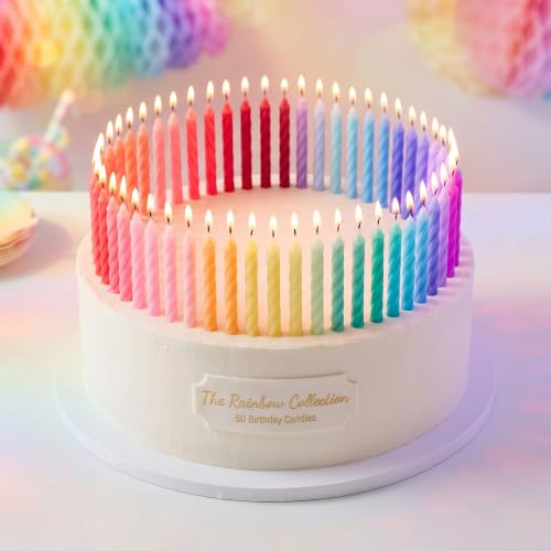Rainbow Spiral Birthday Candles - 50 Colorful Long Burn Cake Toppers