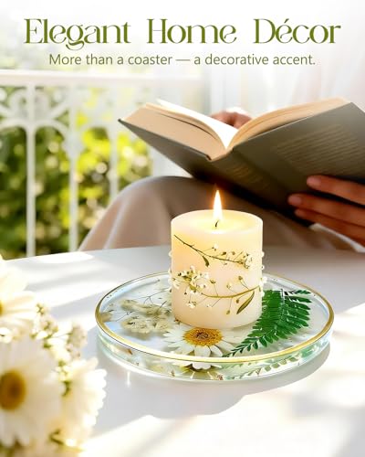 Oqplog Handmade Resin Drink Coaster with Dried Flowers - Elegant White Design