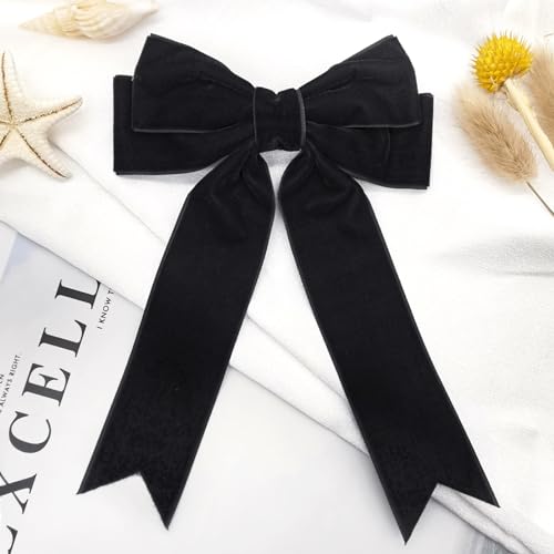 Quacc Large Velvet Bow Hair Clip with Satin Ribbon - Black Hair Accessory