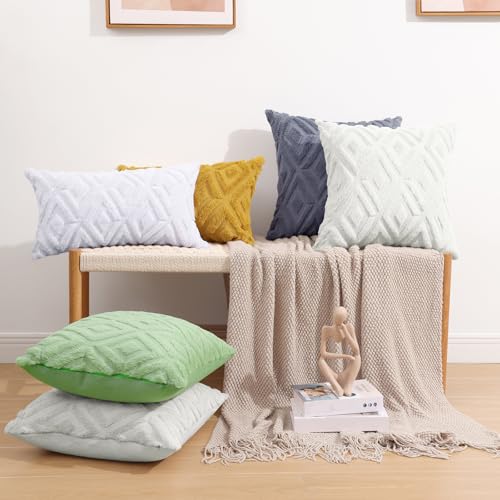 Pallene Cream White Faux Fur Throw Pillow Covers Set of 2 - 18x18 Decorative Pillow Cases with 3D Diamond Pattern