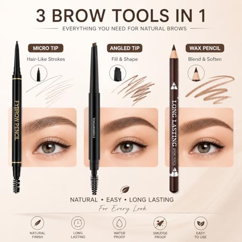 LAVONE 3-Pack Waterproof Eyebrow Pencil with Brush, Long-Lasting Black Brow Pencil Set