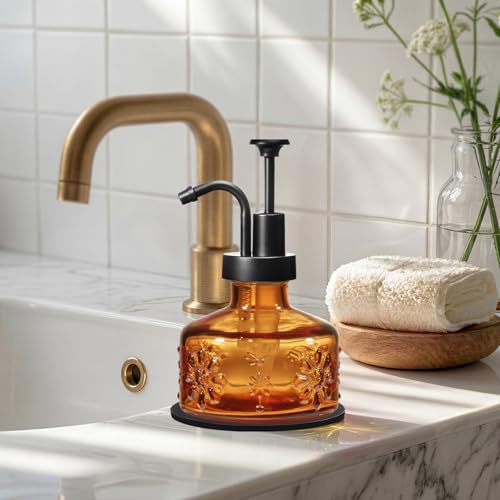 Amolliar 8 Oz Vintage Amber Glass Soap Dispenser with Pump
