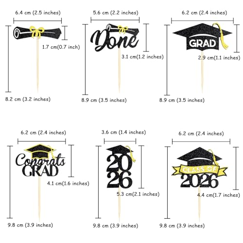 2026 Graduation Cupcake Toppers Set - 24 Pre-Assembled Picks