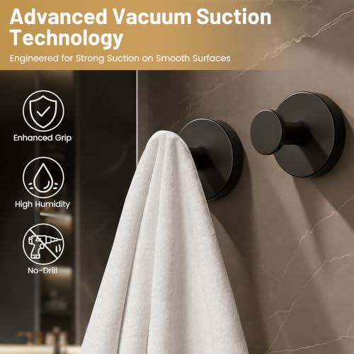 Black Suction Cup Shower Hooks, 15 lb Heavy Duty No Drill Towel Hangers (2 Pack)