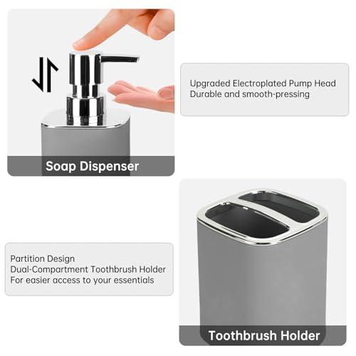 Grey Bathroom Accessories Set - 2 Pcs Soap Dispenser & Toothbrush Holder