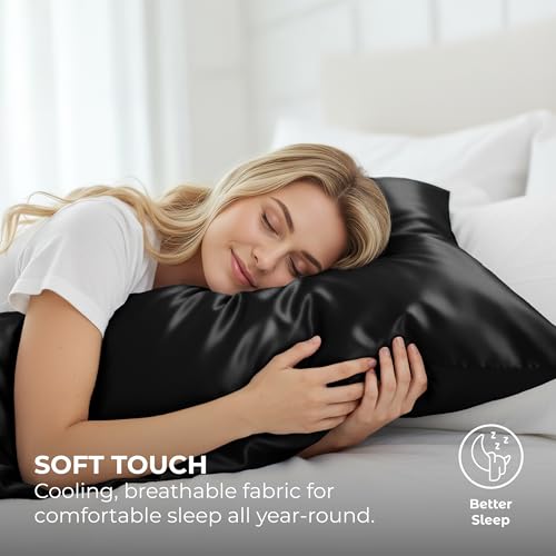 Pure Bedding Satin Pillowcases - Queen 20x30, Black, 2 Pack