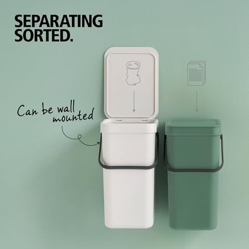 Brabantia Sort & Go Waste Caddy 0.8 Gallons (Jade Green) Space-Efficient Recycling Pail with Handle, Removable and Stay-Open Lid, Easy to Clean Kitchen Compost Caddy Without Nooks and Rims