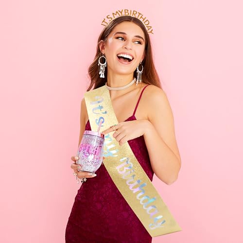 AOPRIE Gold Pink Birthday Tiara and Sash Set for Women & Girls - 2 Pack