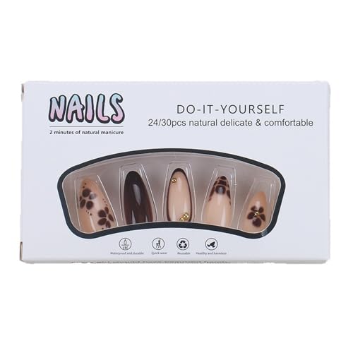 Brown French Tip Press on Nails Medium Almond False Nails with Flower Designs