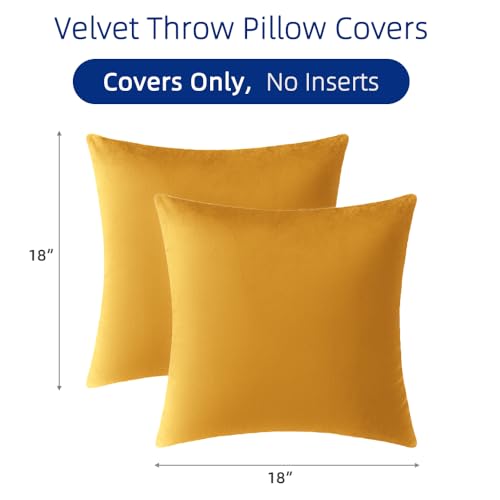 QUORGVES Mustard Yellow Velvet Throw Pillow Covers 18x18 Inch Set of 2
