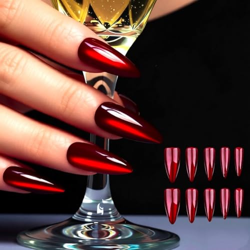 Red Cat Eye Press on Nails Medium Almond Dark Burgundy Fake Nails Kit