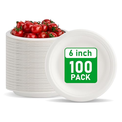RACETOP 6-Inch Compostable Paper Dessert Plates - 100 Pack Sugarcane Fiber