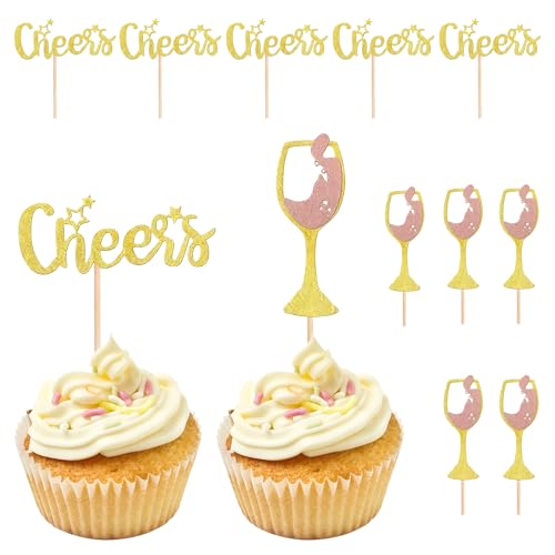 12 Pcs Rose Gold Glitter Cheers Cupcake Toppers Set