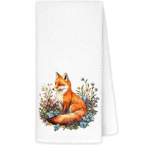 JINYO Floral Fox Kitchen Towel - Decorative 16x24 Inch Hand Towel