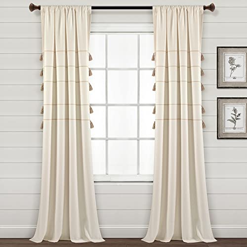 Lush Decor Farmhouse Boho Stripe Woven Tassel Yarn Dyed Cotton Blend Window Curtain Panels Pair 42" W x 95" L Ivory & Wheat - Striped Living Room Curtains