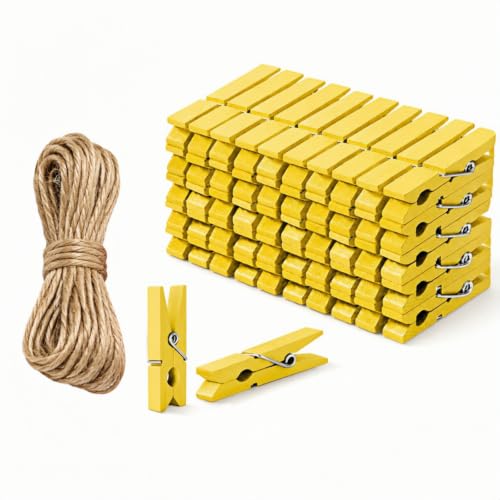 Yellow Mini Wooden Clothespins 1.4 Inch 50 Pack - Rustic Craft Photo Clips with Spring