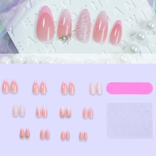 Valentines French Tip Press on Nails Short Almond Pink Heart Fake Nails