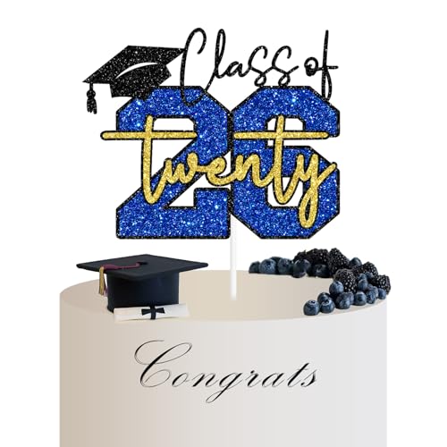 Class of 2026 Graduation Cake Topper - Blue & Gold Glitter