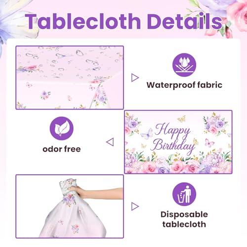 Avezano 3-Pack Purple Floral Birthday Tablecloths - 108x54 in