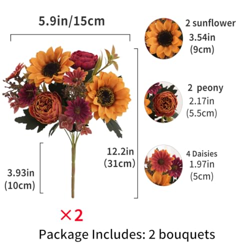 Fall Artificial Sunflower Peony Bouquet Set - 2 Pcs for Autumn Decor