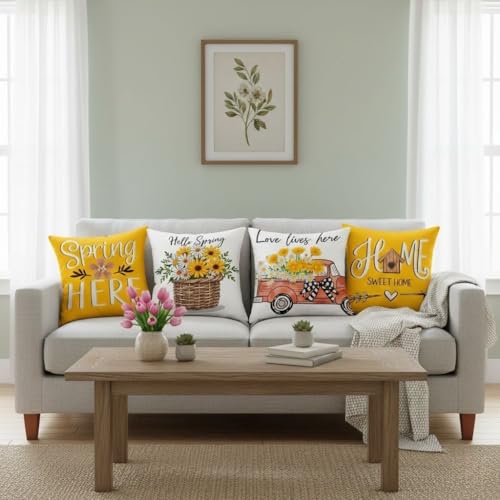 Yellow Daisy Pillow Covers 18x18 Inch Set of 4 Velvet Home Decor Spring Summer