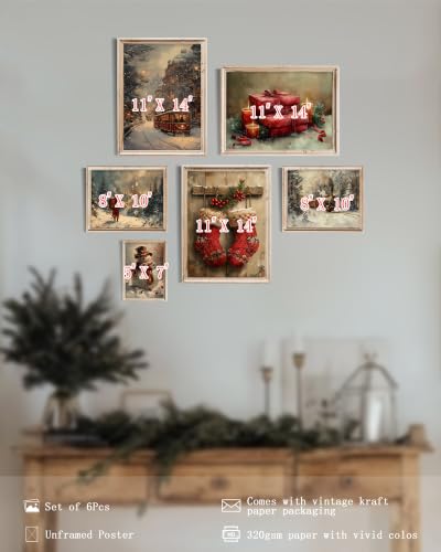 Christmas Wall Art Decor Set of 6 - Unframed Retro Santa Claus Prints, 14x11 Inches