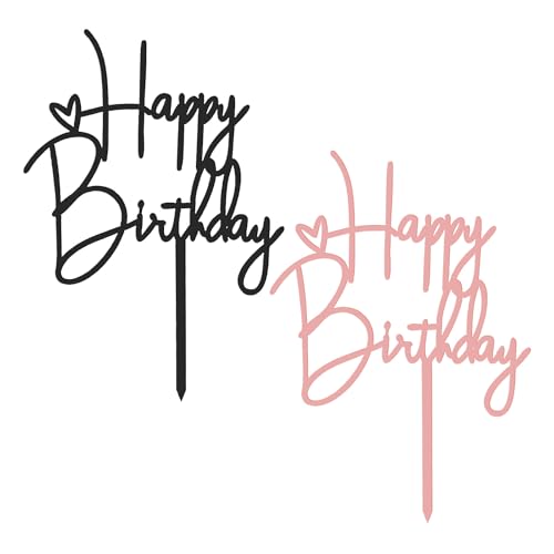 2pcs Pink & Black Happy Birthday Cake Toppers - Acrylic Decorations
