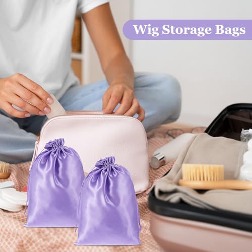 Satin Wig Storage Bags with Drawstring - Purple Hair Extension Pouches 4 Pack